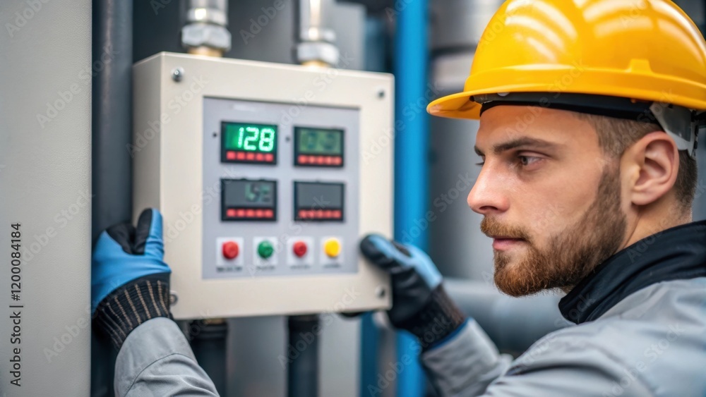 Fototapete a medium closeup of an engineer in a hard hat carefully inspecting the control panel of an industria