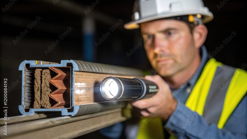 Poster A medium closeup of an engineer inspecting a bridge expansion joint holding a flashlight to illuminate the joints inner mechanics revealing various layers of materials.