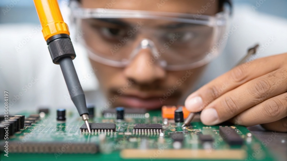 Aufkleber a medium closeup of an assembly worker wearing safety goggles carefully soldering electronic compone