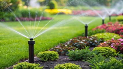 A medium closeup of a lush garden with several newly installed sprinklers poised to water different plant beds highlighting their strategic placements.
