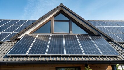 Fototapeta premium A medium closeup of an array of solar panels angled toward the sun framed by the edges of a roof accentuating the architectural integration of technology.