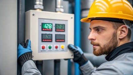 A medium closeup of an engineer in a hard hat carefully inspecting the control panel of an industrial cooling system with digital readouts displaying temperature and pressure