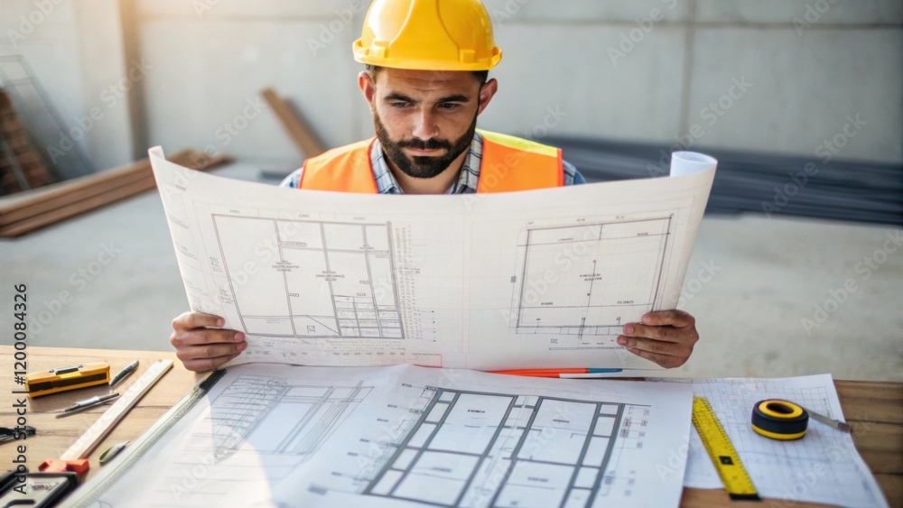 Aufkleber A medium closeup of an engineer reviewing blueprints and structural diagrams surrounded by construction materials emphasizing the planning stage of earthquakeresistant design.