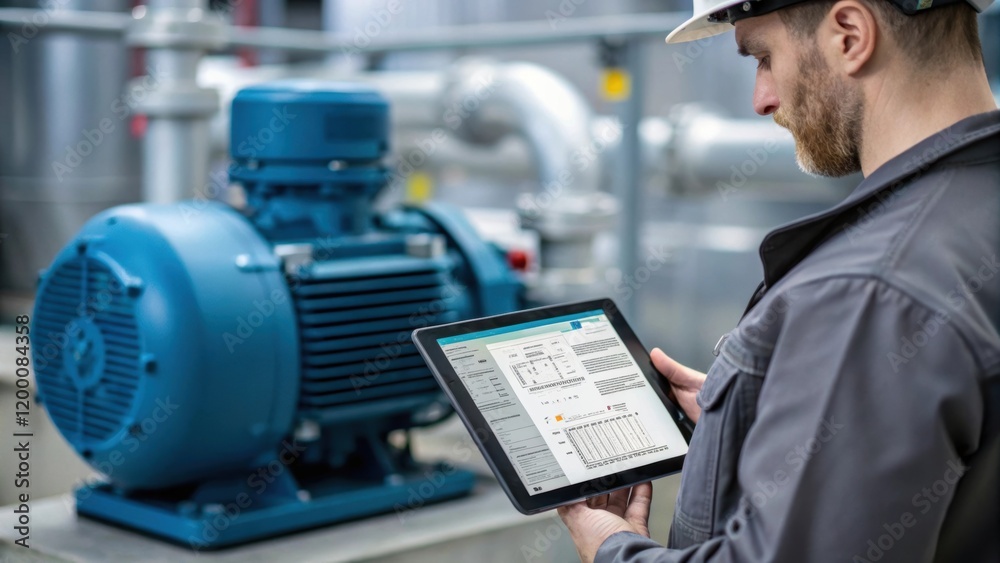 Poster A medium closeup of an engineer consulting a digital tablet reviewing maintenance schedules while standing next to a large industrial pump with intricate circuitry visible.