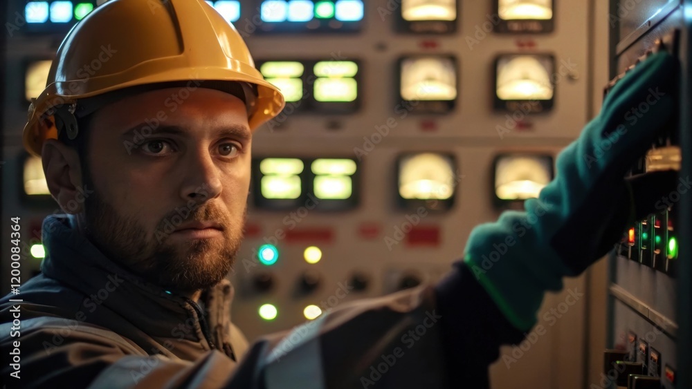 Poster A medium closeup of an engineer wearing a hardhat and gloves immersed in adjusting settings on a control panel adorned with blinking lights and meters.