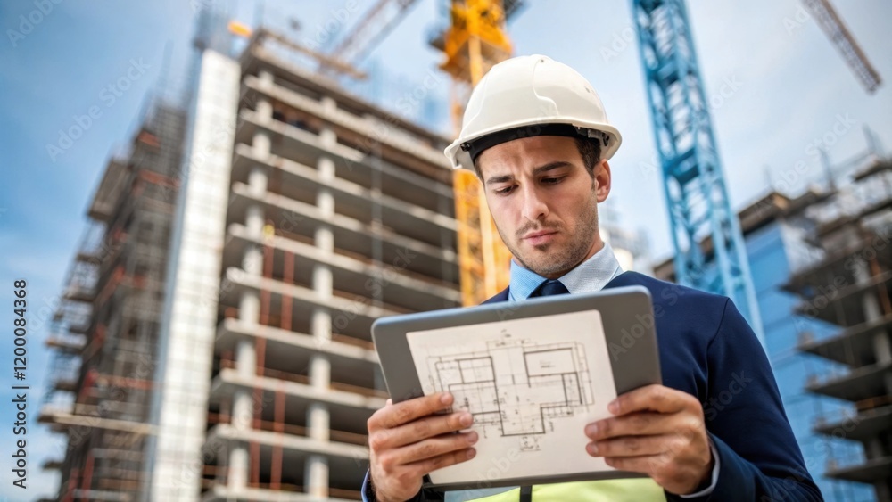 Aufkleber A medium closeup of an engineer reviewing architectural blueprints on a tablet with the towering building framework visible in the background emphasizing planning and