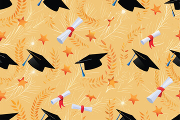 A seamless background pattern featuring a repeating design of graduation caps and scrolls, perfect for educational or celebratory themes.