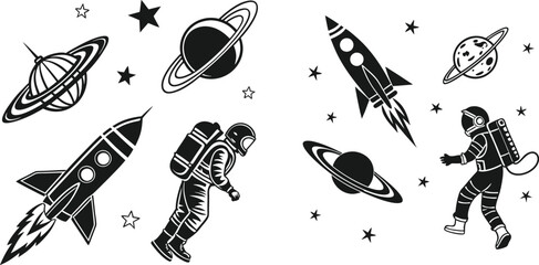 Stylish black and white space illustration with rockets, planets, and astronauts.