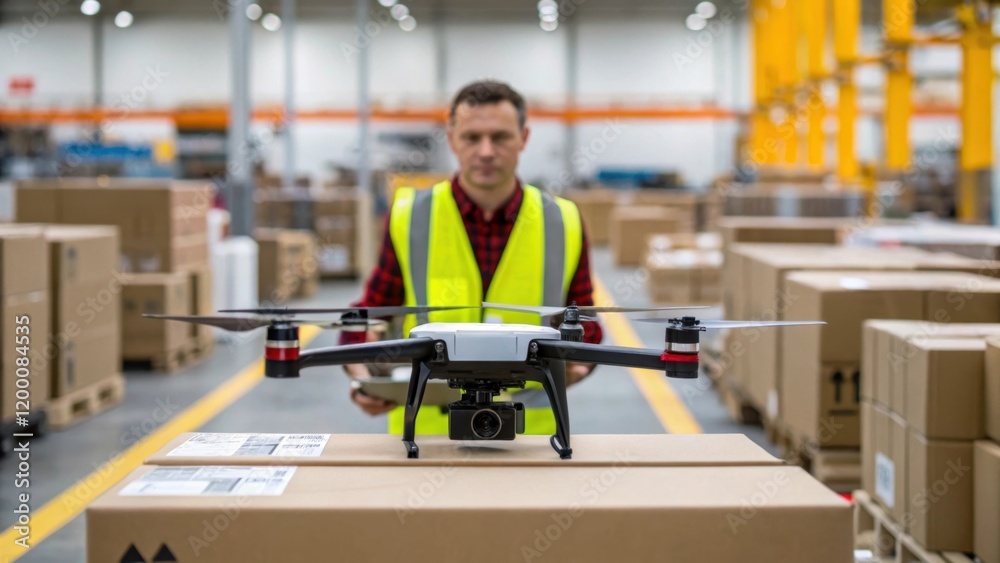 Poster A medium closeup of an operator in a highvisibility vest troubleshooting a malfunctioning drone in a distribution setting surrounded by boxes and tingedge logistics equipment.