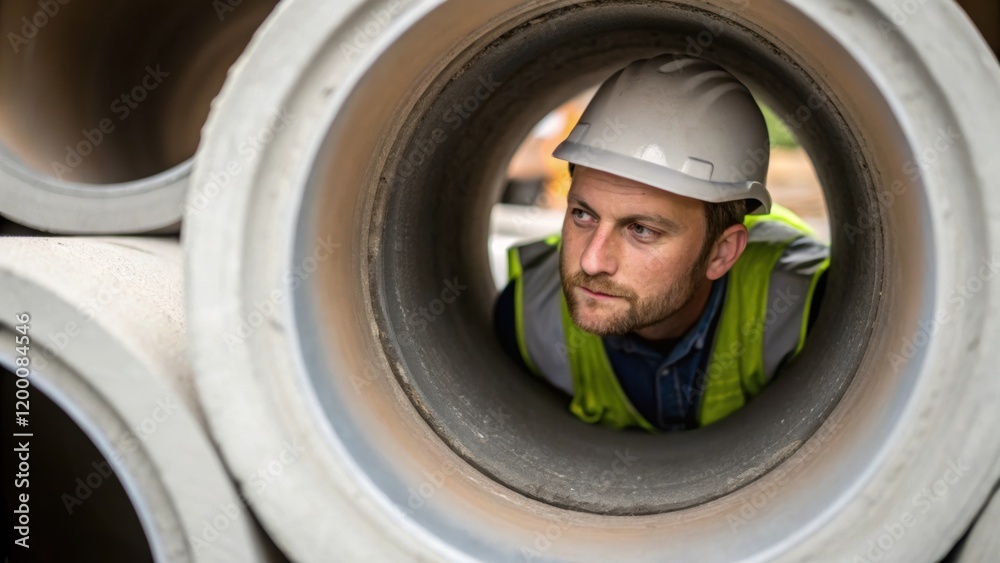 Aufkleber A medium closeup of an operator inspecting the curing process of a freshly cast concrete pipe examining its smooth surface for any imperfections.