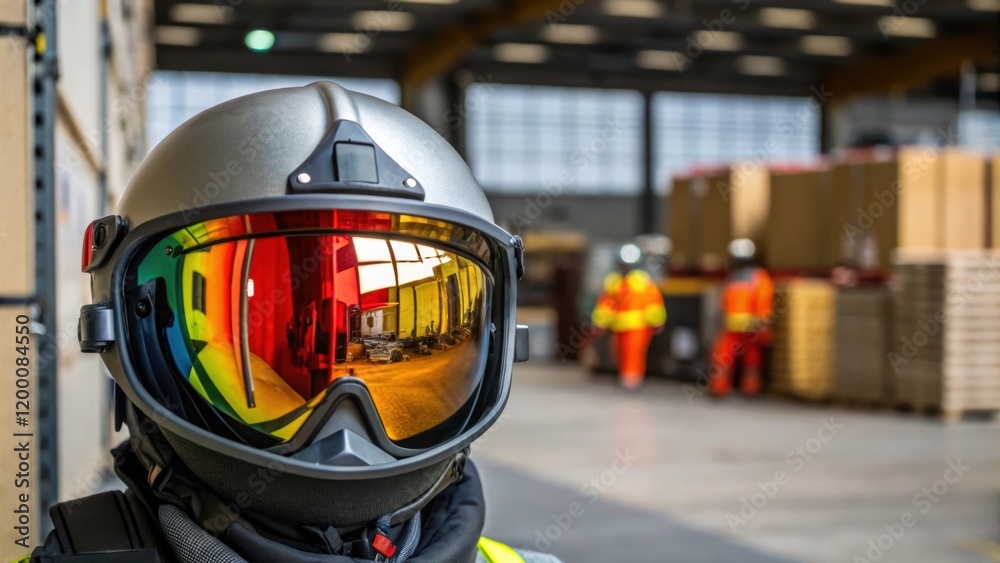 Poster A medium closeup of an operators helmet adorned with a reflective visor reflecting the bright colors of safety vests and equipment in the background as pallets are being unloaded.