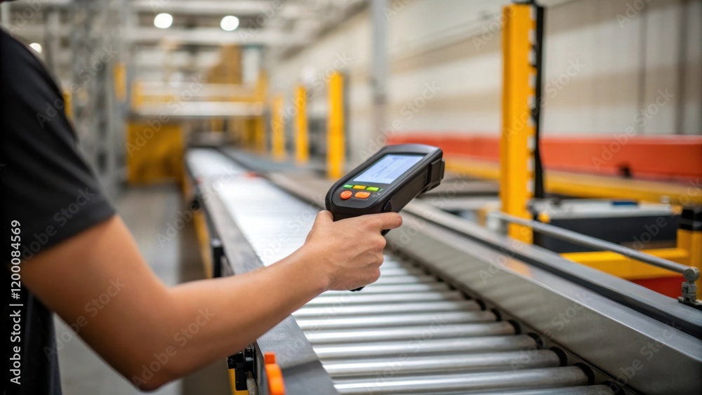 Poster A medium closeup of an operator using a handheld device to scan sensors on the conveyor belt with industrial machinery looming in the background.
