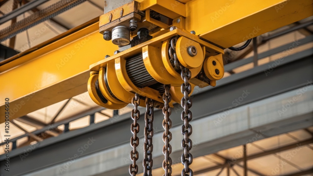 Aufkleber a medium closeup of an overhead crane trolley suspended from a beam showcasing the intricate pulleys