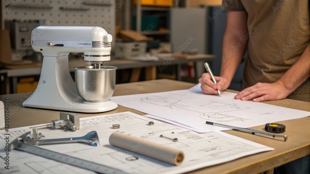 Aufkleber A medium closeup of a person sketching out setup plans on paper while standing next to an unassembled mixer with blueprints tools and parts spread across the workbench.