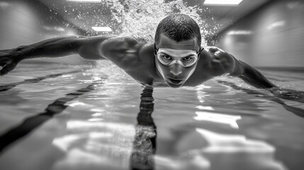 Swimmer practices laps in a serene indoor pool with clear water and focused concentration at a fitness center