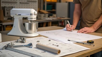 A medium closeup of a person sketching out setup plans on paper while standing next to an unassembled mixer with blueprints tools and parts spread across the workbench.