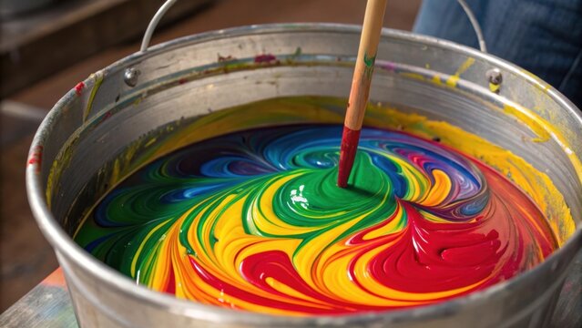 A medium closeup of a paint mixing station with vibrant pigments swirling together in a large bucket highlighting the preparation phase of the coating process.