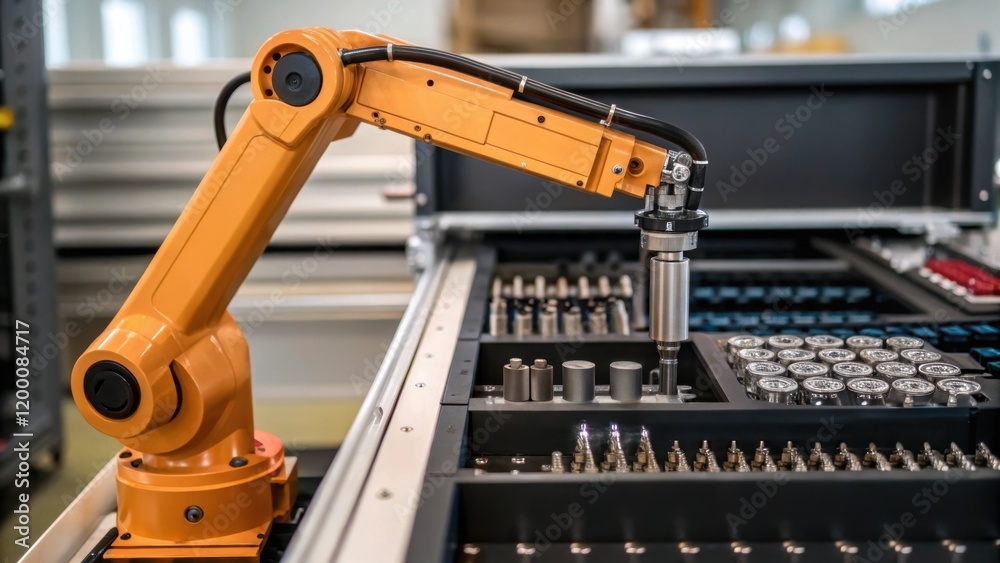 Aufkleber A medium closeup of a robotic arm assembling parts of a large plow emphasizing the automation technology in agricultural manufacturing with various tools and parts tered nearby.