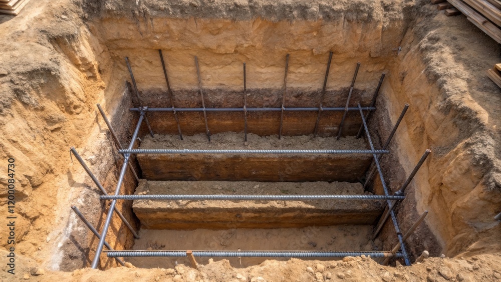 Leinwandbilder a medium closeup of an overhead view of the excavation site showing the layered earth and steel supp
