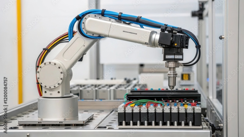 Poster A medium closeup of a robotic arm at rest positioned near an assembly fixture with its cables and wires meticulously organized reflecting a blend of technology and efficiency.