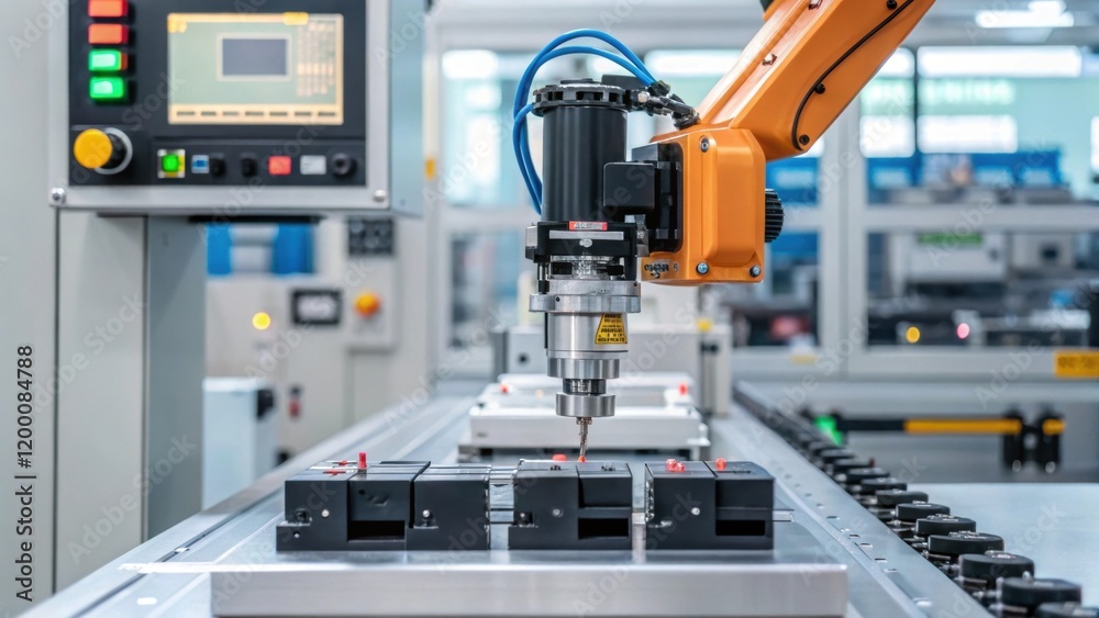 Poster A medium closeup of a robotic system adjusting the speed of its operations in response to realtime feedback showcasing adaptability in automated manufacturing processes.