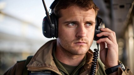 A medium closeup of an operator communicating with ground crew via radio their focused expression reflecting the importance of coordination between aerial and ground operations.