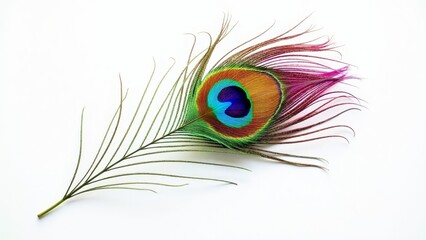 Fototapeta premium Vibrant close-up of a colorful peacock feather on a clean white background, showcasing intricate patterns and vivid colors