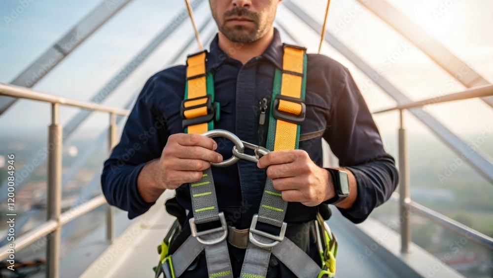 Poster a medium closeup of a safety harness being sped on by a crew member emphasizing the importance of sa
