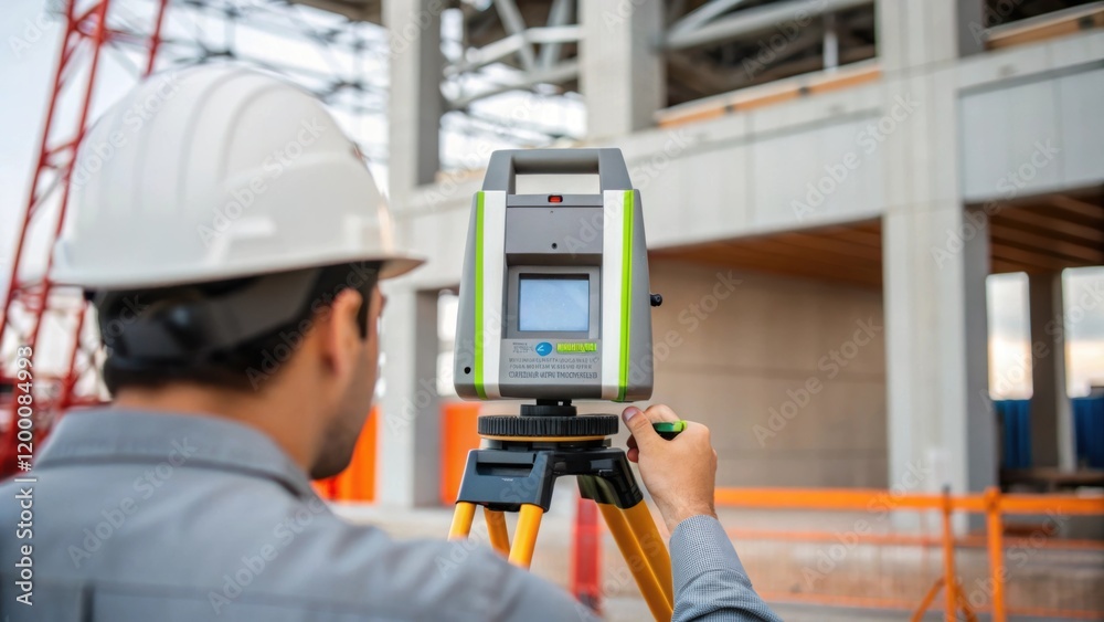 Aufkleber A medium closeup of a scanning technician adjusting the laser scanners settings with a partially built structure and equipment in the background illustrating the scanning setup
