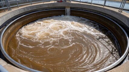 A medium closeup of a sedimentation tank with swirling water waves visible as sediment settles at the bottom creating a contrast between layers.