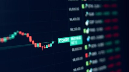 A timelapse video capturing the fluctuating movements of Bitcoin's price on a trading chart, showcasing dynamic market changes and cryptocurrency trends - Powered by Adobe