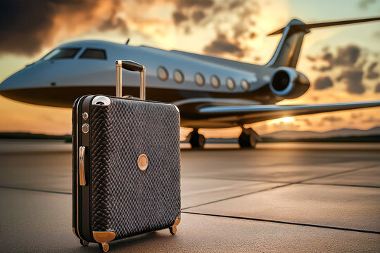 A luxury designer suitcase set in front of a private jet with a sunset sky.