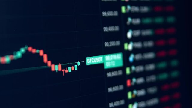 A timelapse video capturing the fluctuating movements of Bitcoin's price on a trading chart, showcasing dynamic market changes and cryptocurrency trends - Powered by Adobe