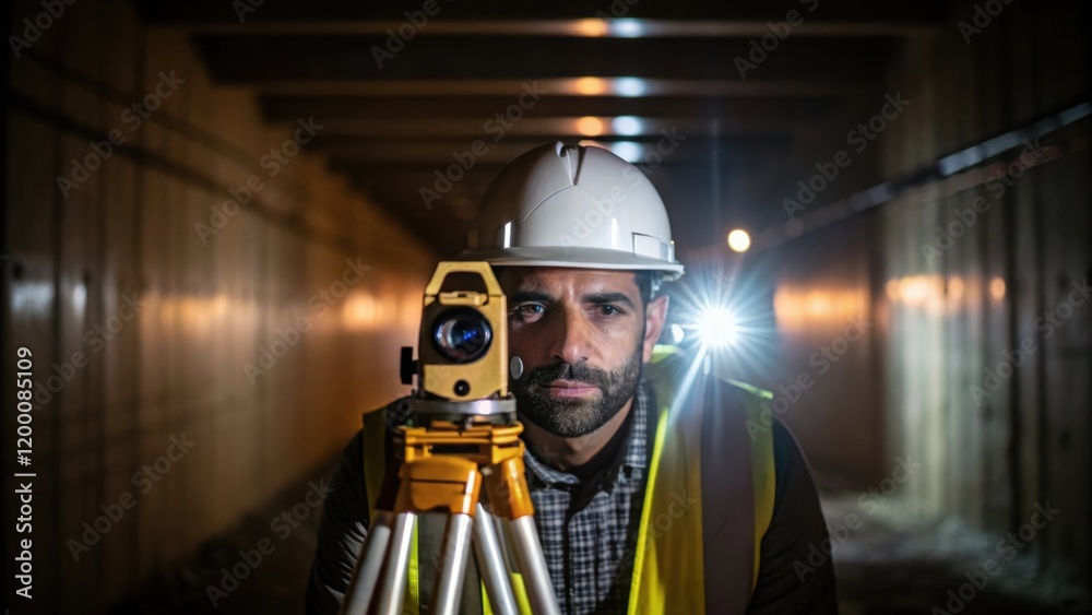 Poster a medium closeup of a surveyor looking through a theodolite illuminated by a flashlight with the con
