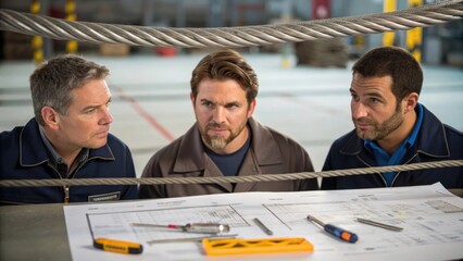 A medium closeup of a team of inspectors discussing their findings over a suspended cable with diagrams and tools tered around illustrating collaborative analysis.
