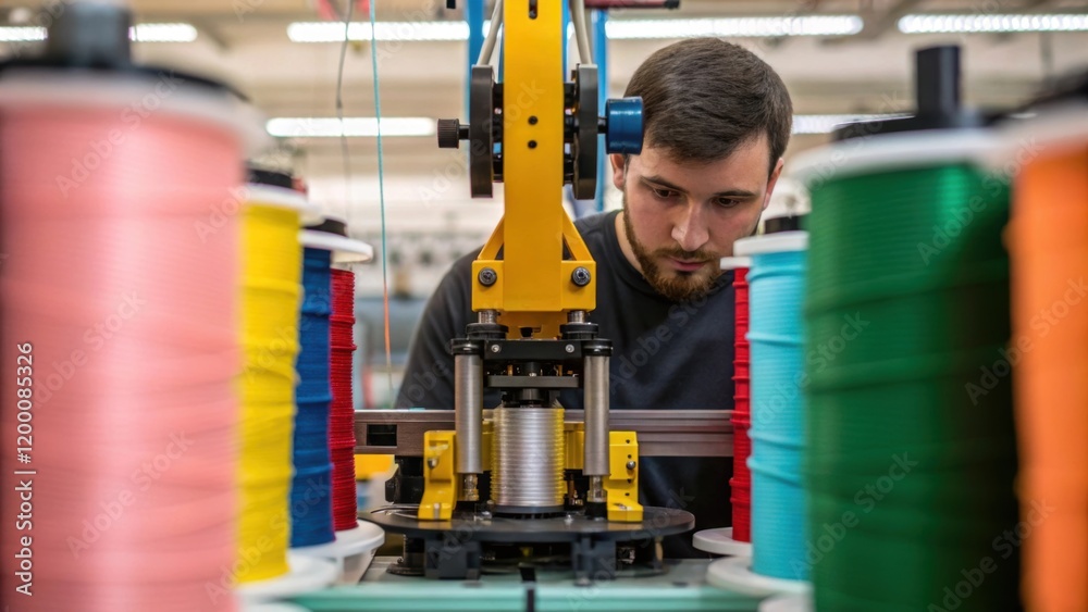 Poster A medium closeup of a technician calibrating a robotic system surrounded by spools of colorful threads and layers of fabric in the background.