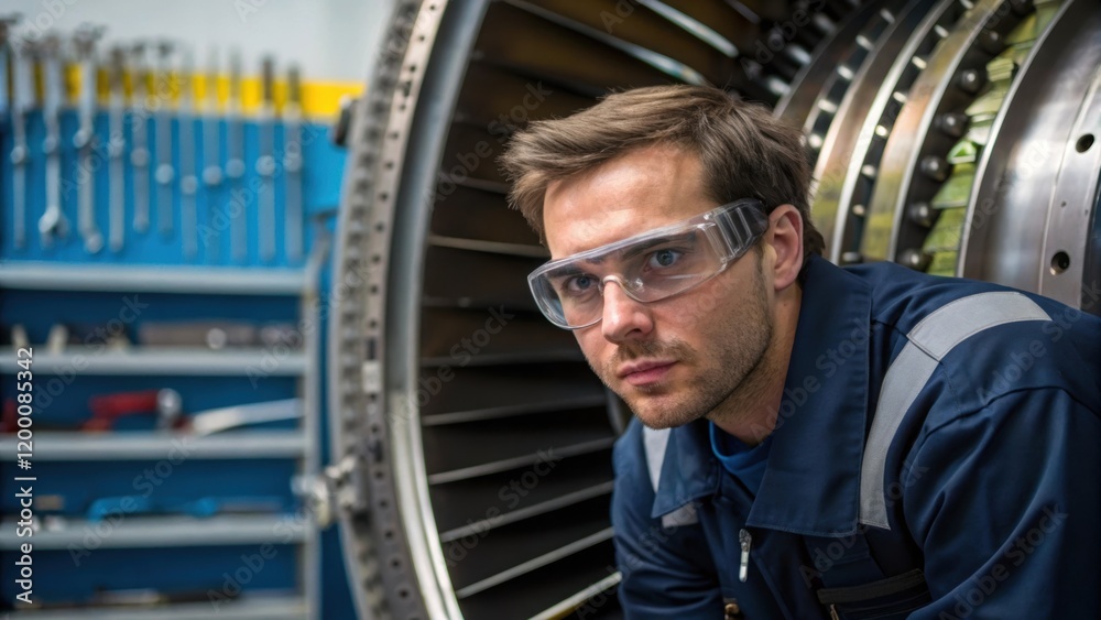 Poster a medium closeup of a technician in safety goggles inspecting a large steel compressor with focused 