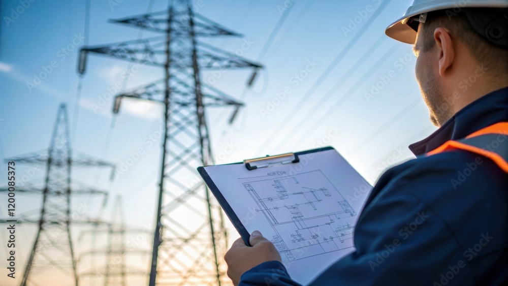 Poster a medium closeup of a technician examining a schematic diagram on a clipboard with a backdrop of tow
