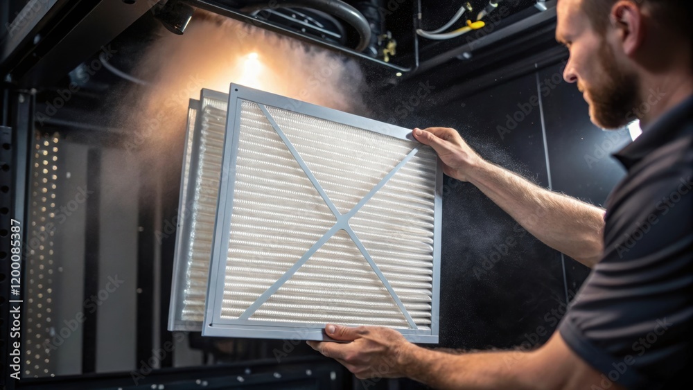 Aufkleber A medium closeup of a technician replacing a large HEPA filter inside an industrial air purifier highlighting their focused expression and the sy components of the unit with