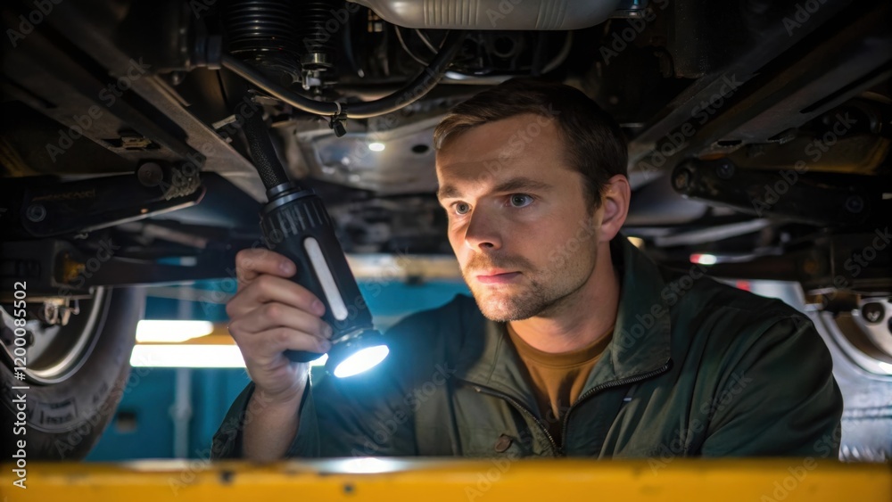 Aufkleber A medium closeup of a technician using a portable inspection light to check the underside of a mixer revealing complex mechanical components and the effort involved in maintenance.
