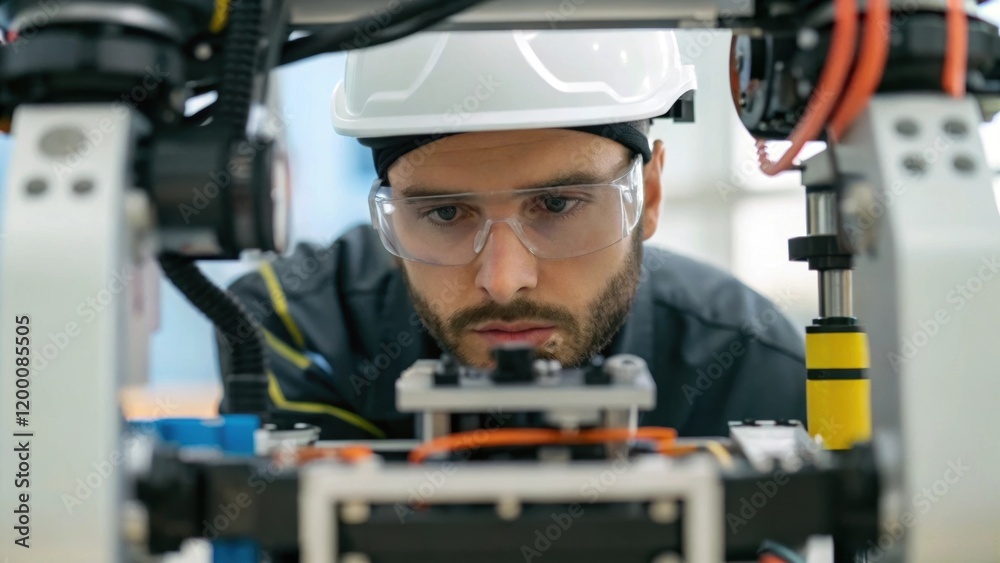 Poster A medium closeup of a technician wearing protective gear inspecting a robotic assembly unit with focus on the intricate components and the technicians determined expression.