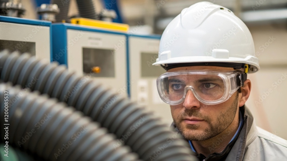 Leinwandbilder a medium closeup of a technician wearing a safety helmet and goggles observing the setup of a dust c