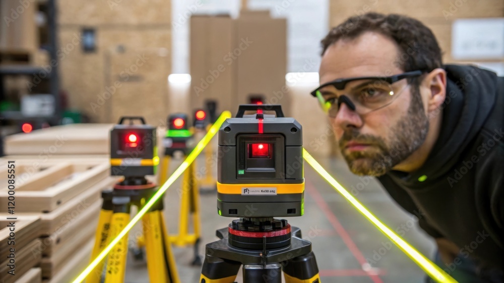 Aufkleber A medium closeup of a technician using a laser level to ensure precise alignment of multiple modular units highlighting the importance of accuracy in the installation process.