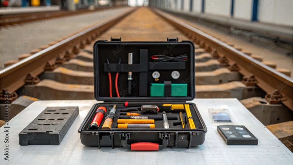 Poster A medium closeup of a toolbox filled with various tools and equipment essential for rail signal installation tered across a surface with a partially completed installation in the