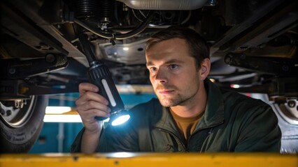 Fototapeta premium A medium closeup of a technician using a portable inspection light to check the underside of a mixer revealing complex mechanical components and the effort involved in maintenance.