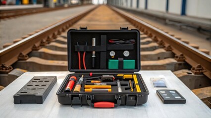 Fototapeta premium A medium closeup of a toolbox filled with various tools and equipment essential for rail signal installation tered across a surface with a partially completed installation in the