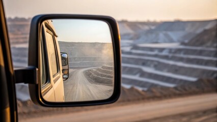 Obraz premium A medium closeup of a trucks rearview mirror capturing a blurred image of an expansive quarry with layers of raw material gently dusted in the background.