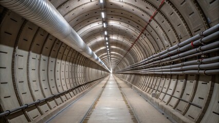 A medium closeup of a tunnel section where multiple ductwork converge revealing intricate junctions and the collaborative layout required for effective air distribution.
