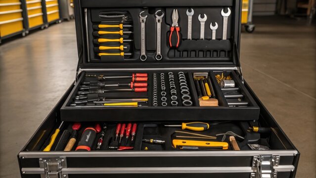 A medium closeup of a tool chest filled with various assembly tools emphasizing the range of equipment needed for constructing durable storage solutions in a warehouse setting.