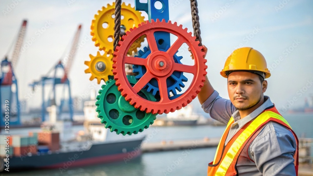 Poster a medium closeup of a worker adjusting a large cargo sling with vibrant colors of the gears and pull